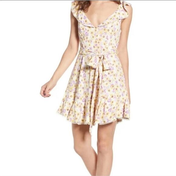 AFRM Palms Revolve Yellow Flutter Sleeve Off Shoulder Mini Dress Sz M - Picture 3 of 11